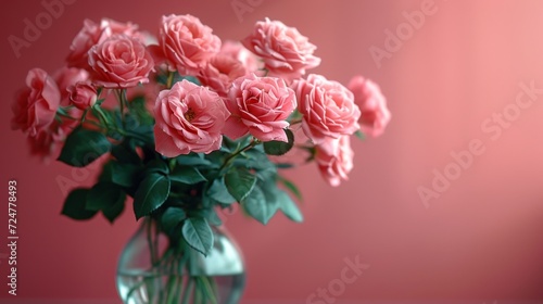  a glass vase filled with pink roses on top of a wooden table in front of a pink wall and a pink wall behind the vase is filled with pink roses.