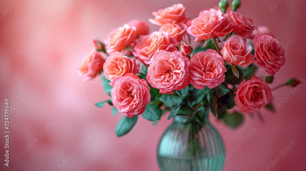 a green vase filled with pink roses on top of a pink background with a pink wall behind the vase and a pink wall behind the vase with pink roses in it. a green vase filled with pink roses on top of a pink background with a pink wall behind the vase and a pink wall behind the vase with pink roses in it.