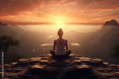 A woman is sitting on top of a rock with a beautiful sunset in the background. This image can be used to depict peace, solitude, and reflection. Ideal for travel, nature, and inspirational concepts