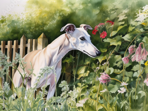 Watercolor painting of a whippet dog in the garden