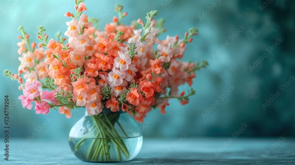 a vase filled with lots of pink and orange flowers on top of a blue tablecloth covered table next to a teal green wall and a blue back wall. a vase filled with lots of pink and orange flowers on top of a blue tablecloth covered table next to a teal green wall and a blue back wall.