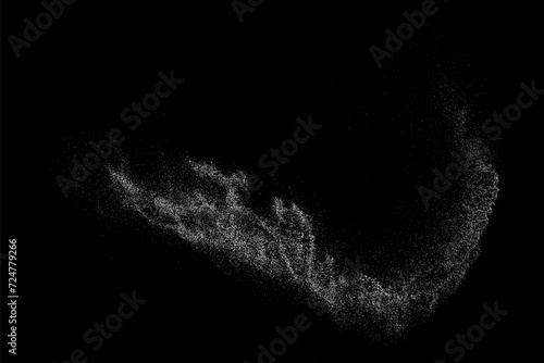 White grainy texture. Abstract dust overlay. Grain noise. White explosion on black background. Splash light realistic effect. Vector illustration. 
