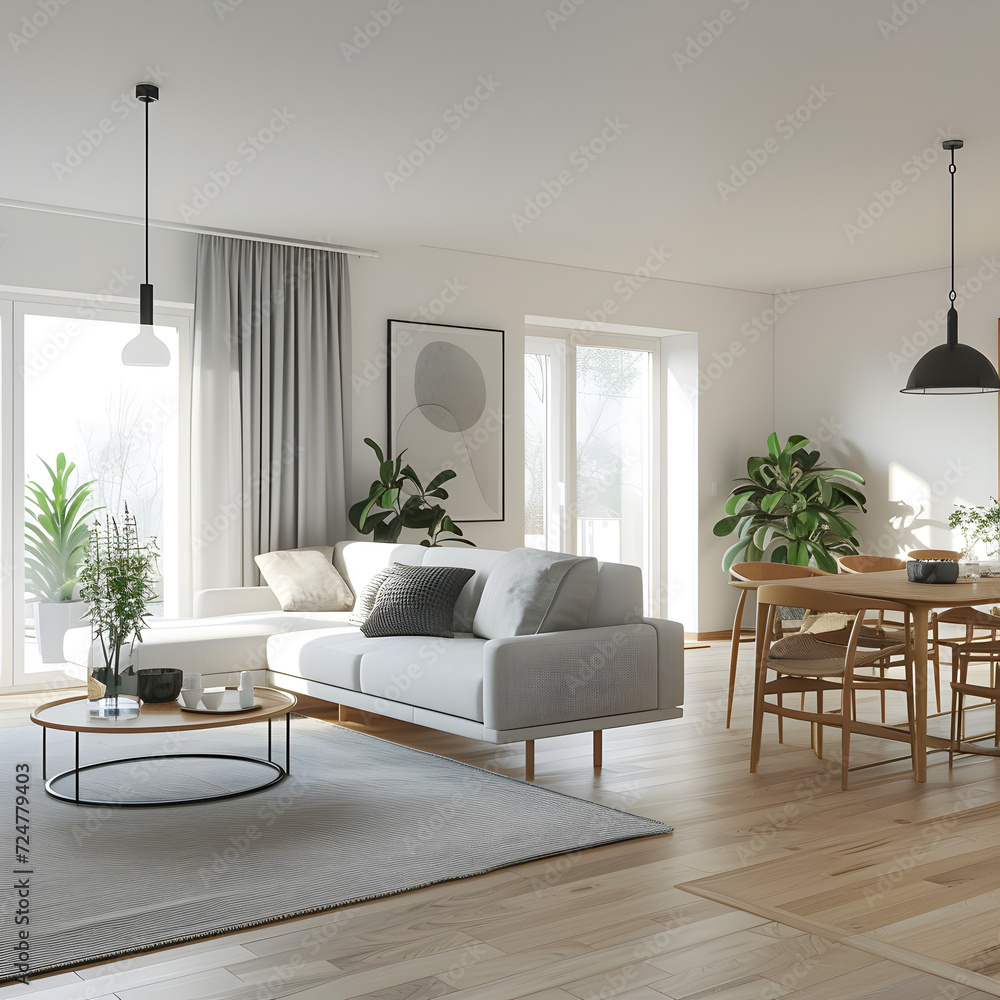 Fototapeta premium Interior design of modern scandinavian apartment, living room and dining room, panorama 3d rendering.