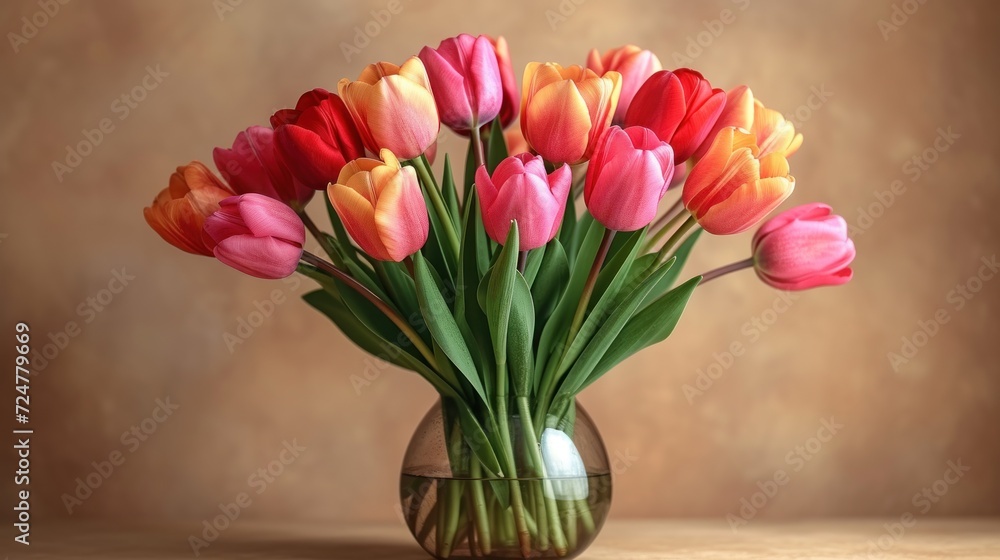 a vase filled with lots of colorful tulips sitting on top of a wooden table in front of a brown wall with a brown wall in the back ground. a vase filled with lots of colorful tulips sitting on top of a wooden table in front of a brown wall with a brown wall in the back ground.