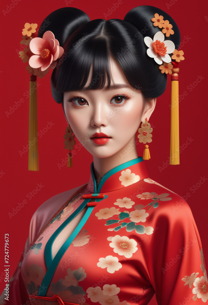 A woman wears a red cheongsam for Chinese New Year A woman wears a red cheongsam for Chinese New Year