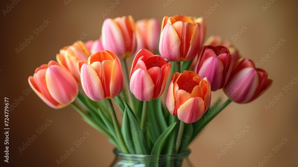 a bunch of pink and orange tulips in a glass vase on a brown background with a blurry back drop of the image of the tulips. a bunch of pink and orange tulips in a glass vase on a brown background with a blurry back drop of the image of the tulips.