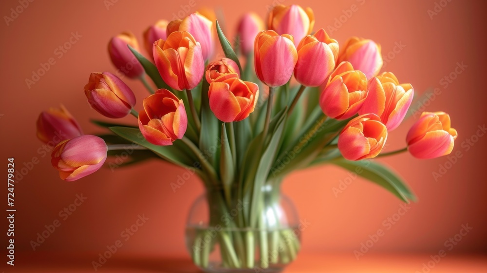 a vase filled with pink and orange tulips on top of a wooden table next to an orange wall and a pink wall behind the vase is filled with pink and orange tulips. a vase filled with pink and orange tulips on top of a wooden table next to an orange wall and a pink wall behind the vase is filled with pink and orange tulips.