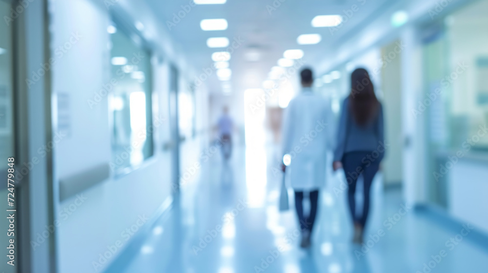 Abstract blurred image of doctor and patient people in hospital interior or clinic corridor for background