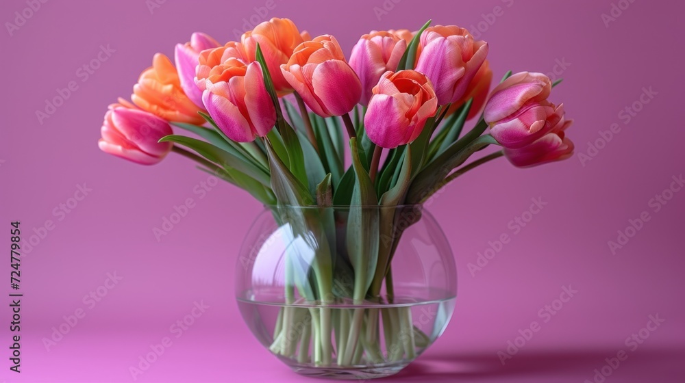 a vase filled with pink and orange tulips on top of a pink tablecloth next to a glass vase with orange and pink tulips in it. a vase filled with pink and orange tulips on top of a pink tablecloth next to a glass vase with orange and pink tulips in it.