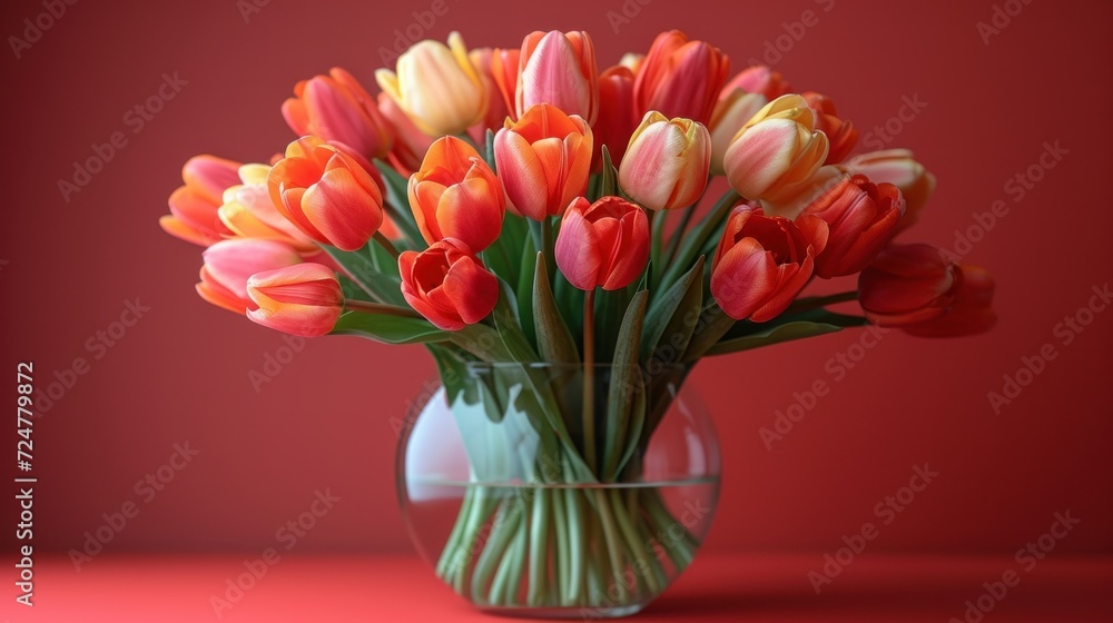 a vase filled with lots of colorful tulips on top of a red table top next to a red wall with a red wall behind the vase is a bouquet of tulips of tulips. a vase filled with lots of colorful tulips on top of a red table top next to a red wall with a red wall behind the vase is a bouquet of tulips of tulips.