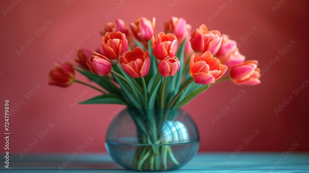 a vase filled with lots of pink and orange tulips on a blue table next to a pink wall and a pink wall behind the vase is filled with orange tulips. a vase filled with lots of pink and orange tulips on a blue table next to a pink wall and a pink wall behind the vase is filled with orange tulips.