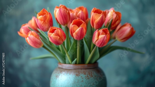  a vase filled with lots of orange tulips on top of a blue tablecloth covered table next to a teal green wall with a blue wall in the background.