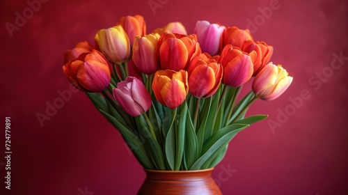  a vase filled with lots of colorful tulips on top of a wooden table next to a red wall and a red wall behind it is a bouquet of tulips of tulips.