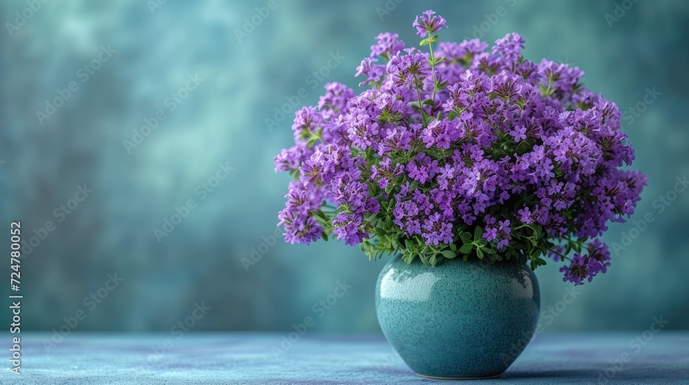 a vase filled with purple flowers sitting on top of a blue tableclothed tablecloth covered in a blue and green wall behind the vase is a blue wall. a vase filled with purple flowers sitting on top of a blue tableclothed tablecloth covered in a blue and green wall behind the vase is a blue wall.