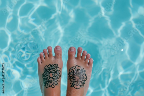 feet with a temporary waterproof tattoo, near pool water