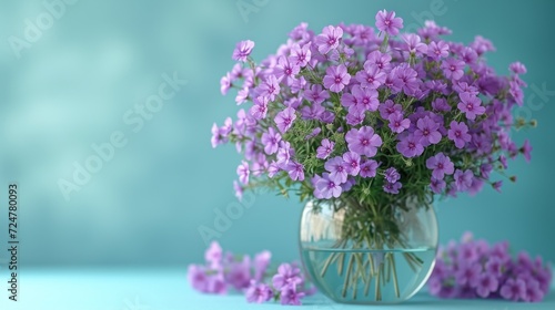  a vase filled with purple flowers sitting on top of a blue table top next to a pile of purple flowers on top of a blue table top of a blue table.