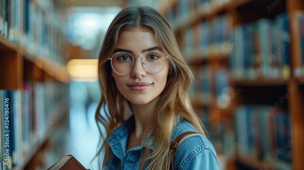 Student woman in university in library ready for learning, Education and happy female standing by bookshelf with book for studying, Knowledge. Generative AI. Student woman in university in library ready for learning, Education and happy female standing by bookshelf with book for studying, Knowledge. Generative AI.