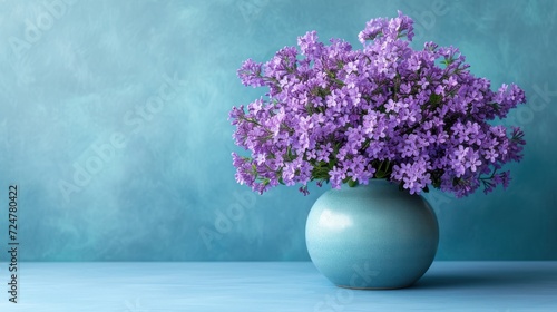  a blue vase filled with purple flowers sitting on top of a blue table next to a teal colored wall and a blue wall behind the vase is filled with purple flowers.