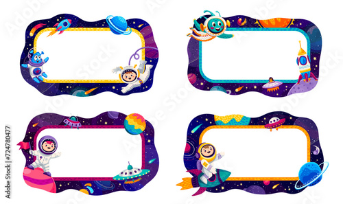 Border frames with space planets, stars, spaceships and astronauts at starry galaxy. Vector spaceman kids and aliens characters with rocket and UFO in outer space cartoon frames set, astronomy