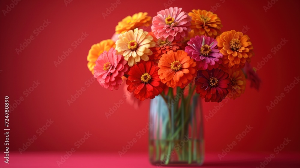  a vase filled with lots of colorful flowers on a pink tablecloth with a red wall behind the vase and a red wall behind the vase with a bunch of colorful flowers in it.