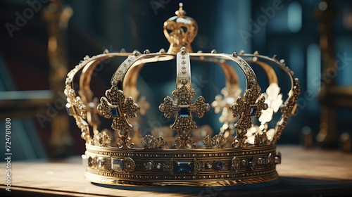 A gold crown placed on a wooden table. Perfect for royal or regal themes