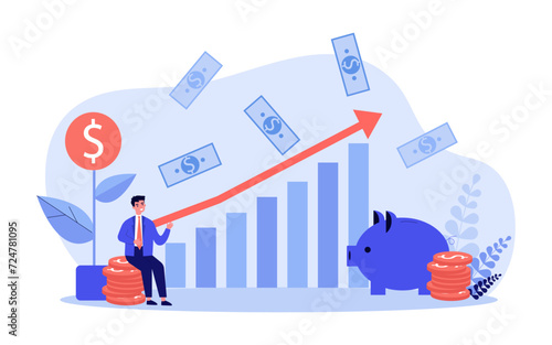 Businessman calculating dividend income vector illustration. Money tree, piggy bank, diagram with growing income. Money investment, dividend income concept