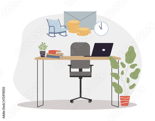 Office work and small pension payments vector illustration. Office desk with laptop and armchair with small pension payments in envelope. Reluctance to retire, life in retirement concept