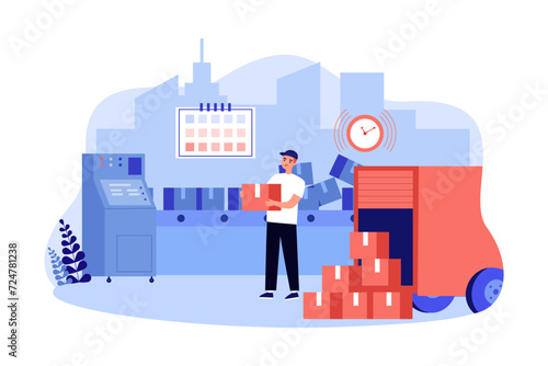 Worker hurry up to load many parcels in warehouse vector illustration. Calendar and clock as symbols of deadline to deliver goods on time. Delivery failures due to high workload concept 
