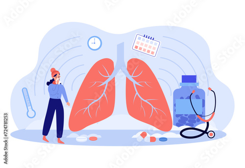 Woman coughing near huge lungs vector illustration. Stethoscope, pills, medicine in bottle. Long cough, whooping cough, respiratory diseases concept
