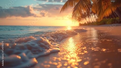  a sunset on a tropical beach with a palm tree in the foreground and waves in the foreground, with the sun shining through the clouds in the distance.