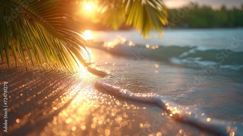  a close up of a beach with a palm tree in the foreground and the sun reflecting off the water in the background, with a wave coming in the foreground.