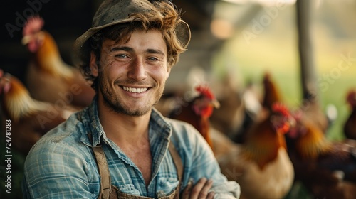 Happy man working at farm chicken and agriculture, Poultry livestock with sustainability and organic with free range, Farming and environment. Generative AI. photo