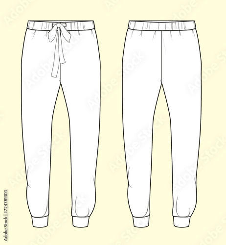 Ladies Sleepwear Cuff Jogger with Tie at Waistband - Black and White Outline Fashion Flat Sketch with Front and Back View