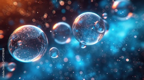  a group of soap bubbles floating on top of a blue and black background with bubbles floating on top of each other and bubbles floating on the bottom of the bubbles.