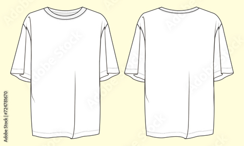  Ladies Sleepwear Loose Fit Round Neck Basic T-Shirt - Black and White Outline Fashion Flat Sketch with Front and Back View