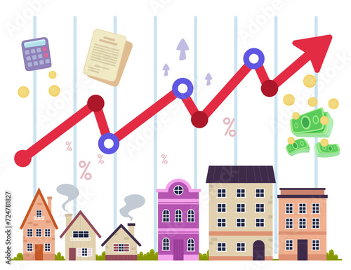 Houses with arrow up vector illustration. Money, calculator, contract, interest rate. Real estate investment concept