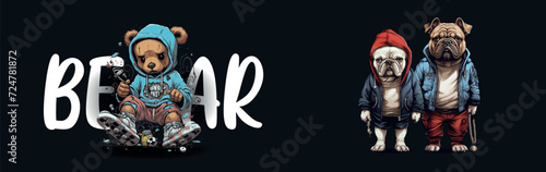 Stylish Cartoon Bulldogs in Urban Outfits: A Vector Illustration of Cool Canines Dressed in Modern , Representing Youth Culture and Fashion