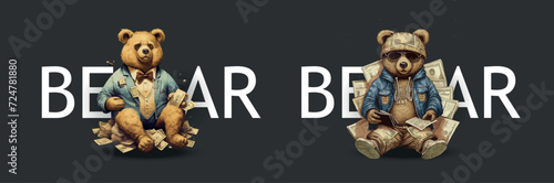Urban Fashion Teddy Bears Sitting Among Dollar Bills, Illustration of Wealth and Modern Style, Cool Sunglasses and Outfits, Trendy Hipster Characters Design, Art of Luxury
