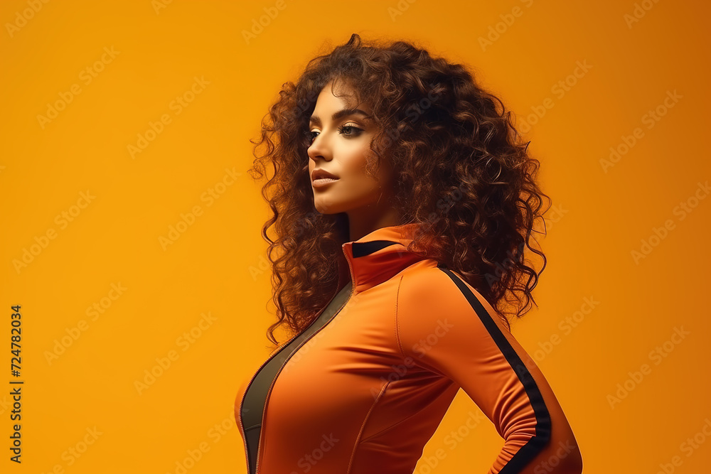 Portrait of sensual fashion trendy woman against yellow-orange background. Portrait of sensual fashion trendy woman against yellow-orange background.