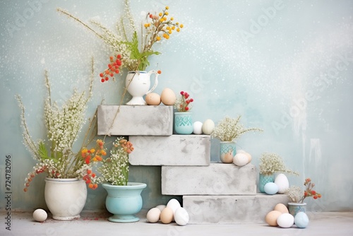 cascading steps, speckled eggs, easter cards, spirea sprigs photo