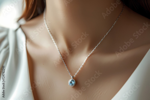 woman wearing neutral aquamarine and minimalist silver chain necklace