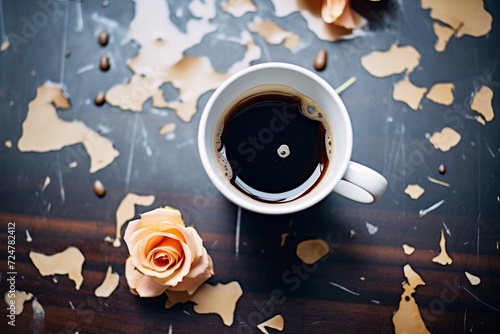 black coffee cup surrounded by white rose petals on a glass table