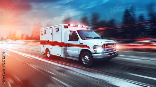 Quick response medical ambulance vehicle or truck speeding on the way for accident or health care emergency photo
