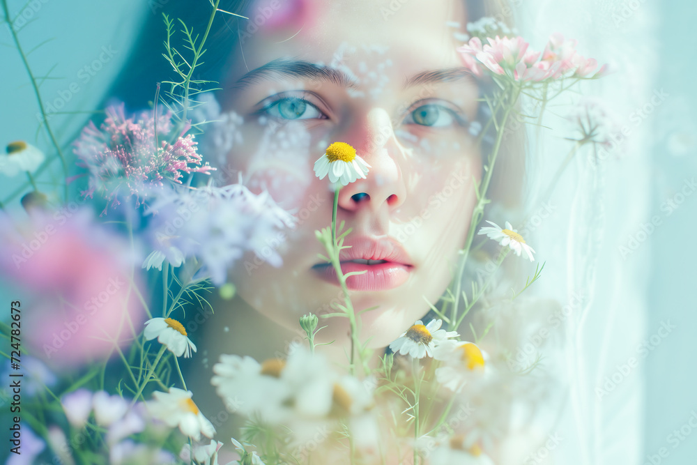 Portrait of a pretty girl with flowers, March, International Women's Day Portrait of a pretty girl with flowers, March, International Women's Day