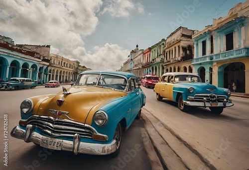 AI-generated illustration of Two vintage cars parked on a street amidst colorful buildings © Wirestock