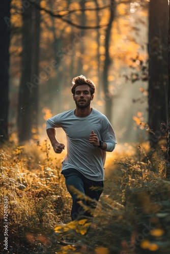 A young sporty man running in nature at morning. Generative AI.