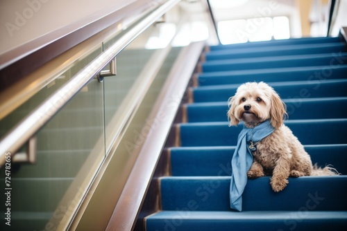 crestfallen dog with a blue scarf sitting on a quiet corporate staircase
