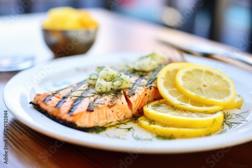 grilled salmon fillet with dill and lemon slices