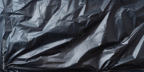 A detailed close-up view of a black plastic bag. This versatile image can be used to represent waste, pollution, recycling, environmental issues, or everyday objects