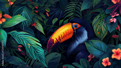 Fototapeta Naklejka Na Ścianę i Meble -  Tucan in the jungle hiding behind leaves, in the style of realistic fantasy artwork, wandering eye, painted illustrations